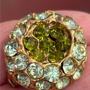 Vtg Green Peridot Amber Rhinestone Domed Brooch Gold Dome Pin